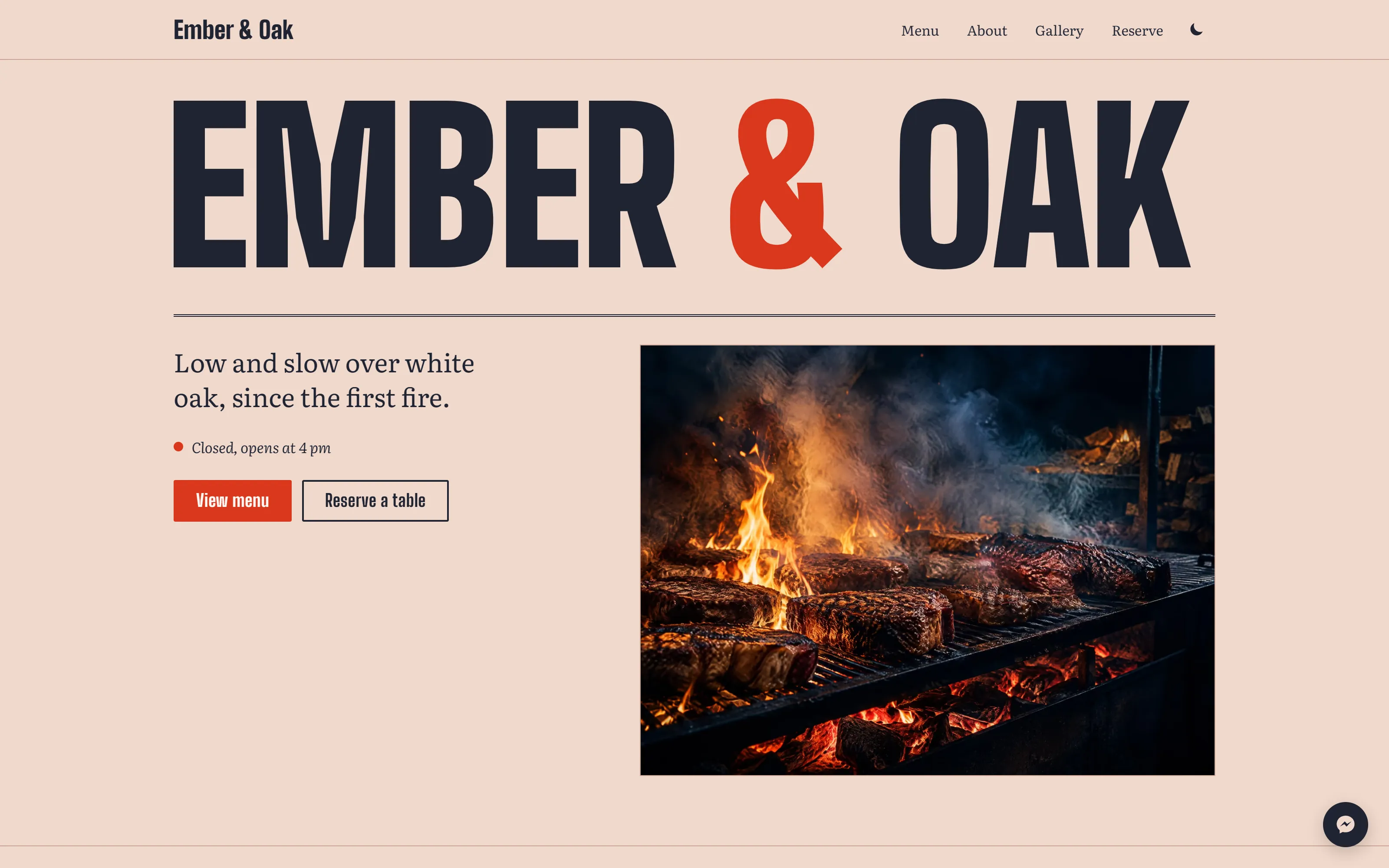 Ember theme home page in light mode with a hero photo and opening hours