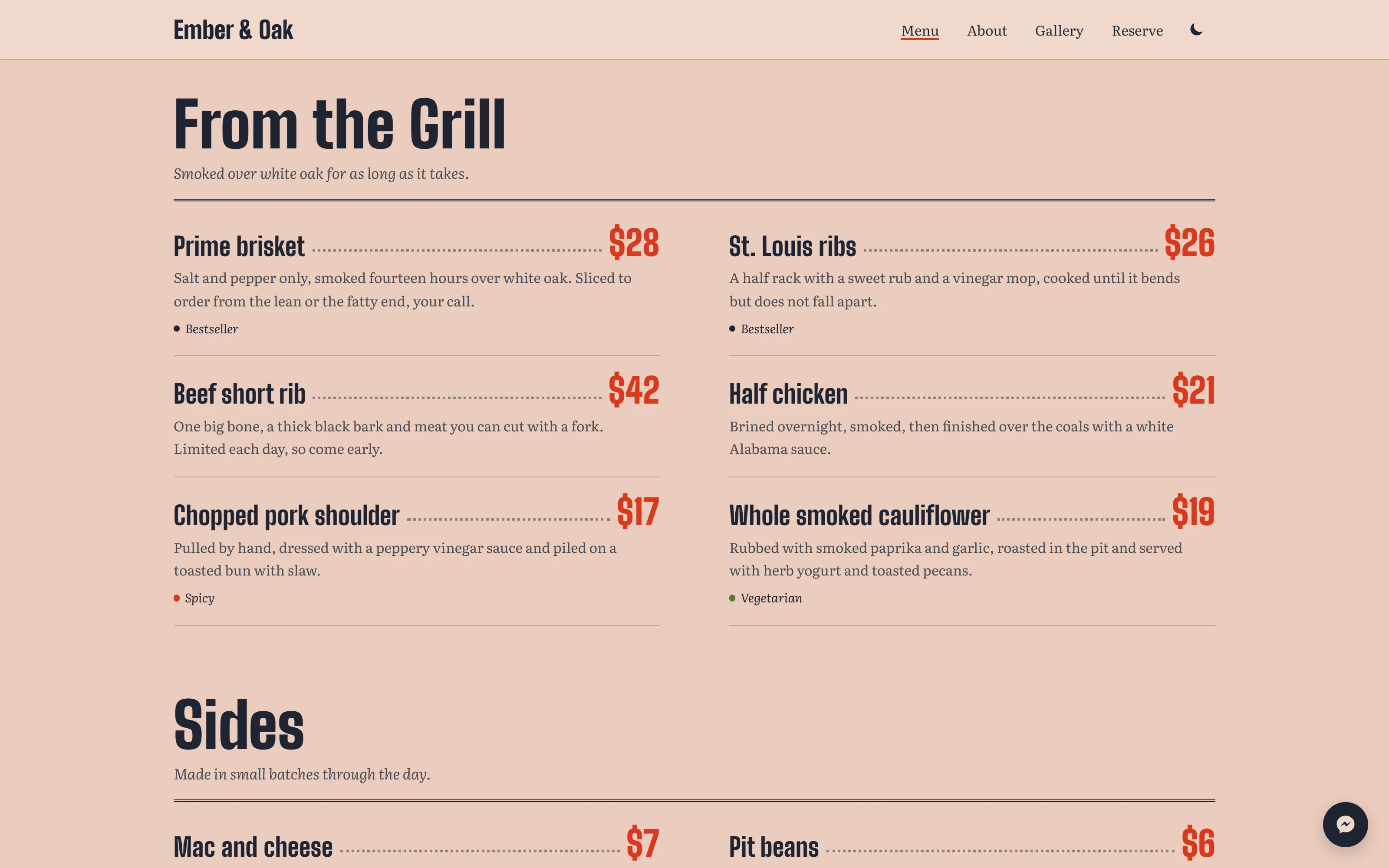 Ember menu page listing dishes with prices