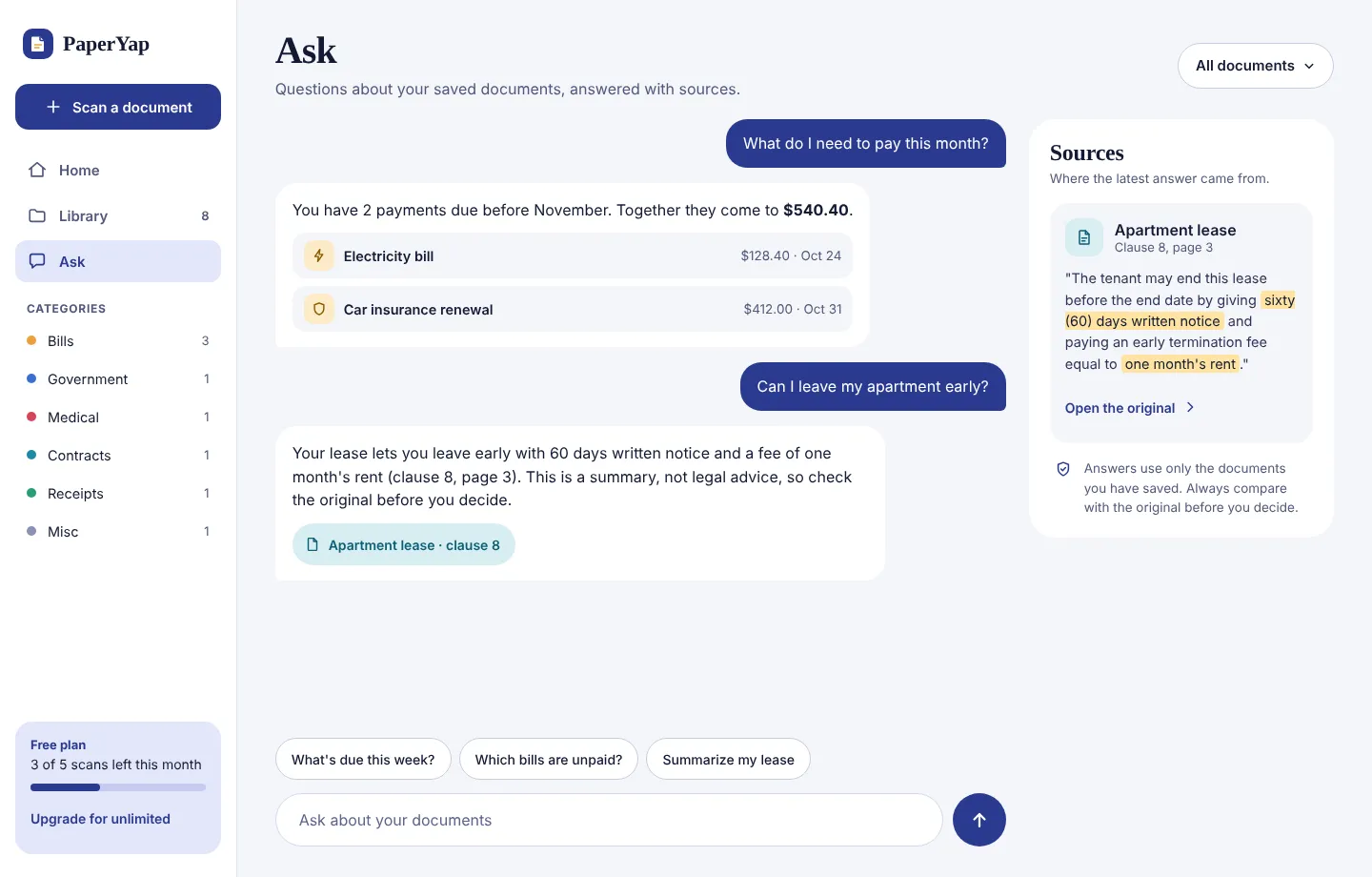 PaperYap Ask page: questions about saved documents answered in a chat, with the quoted lease clause shown as the source