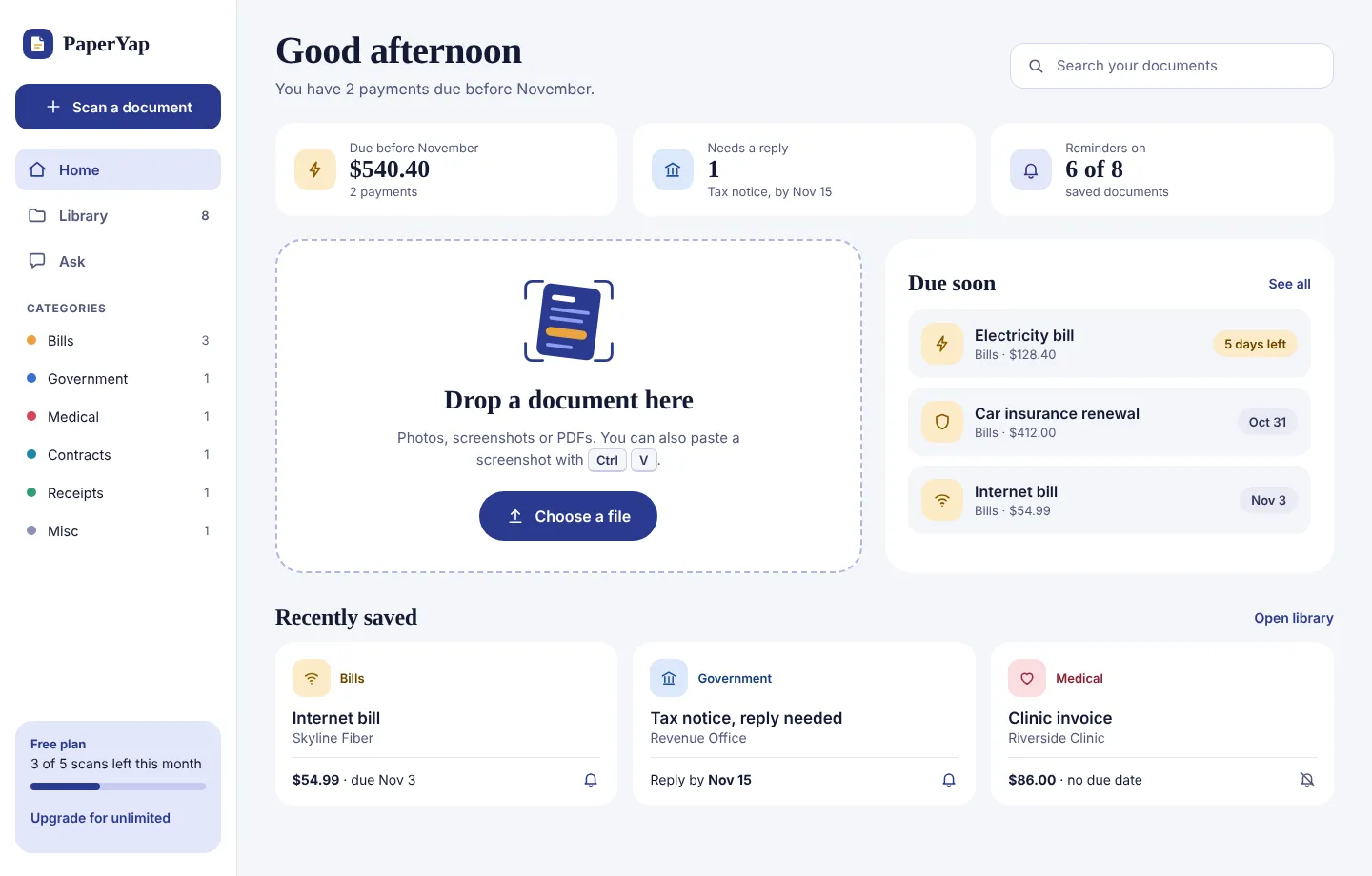 PaperYap home screen: payments due before November, a drop zone to scan a document, bills due soon and recently saved documents