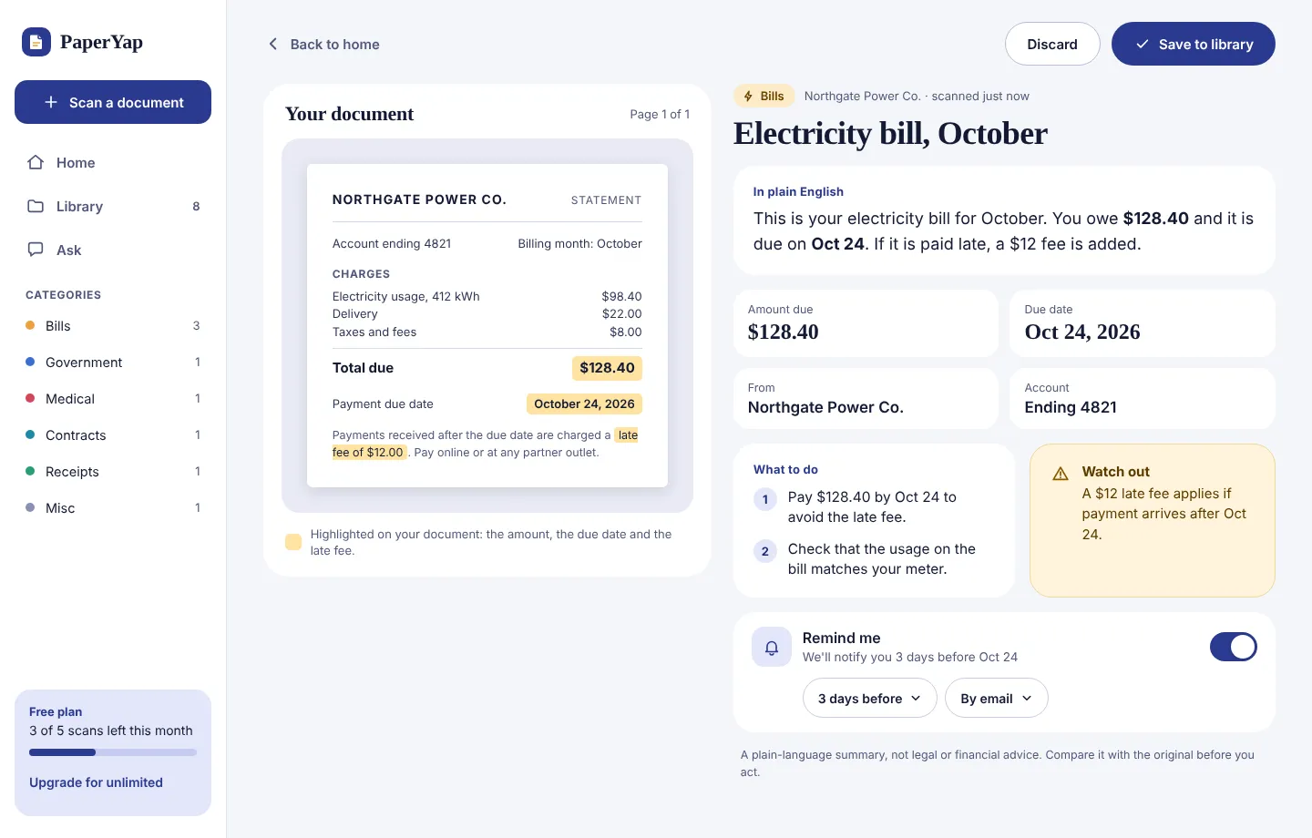 PaperYap result for a scanned electricity bill: the bill on the left; on the right a plain-English summary, the amount and due date, what to do, a late-fee warning and an email reminder