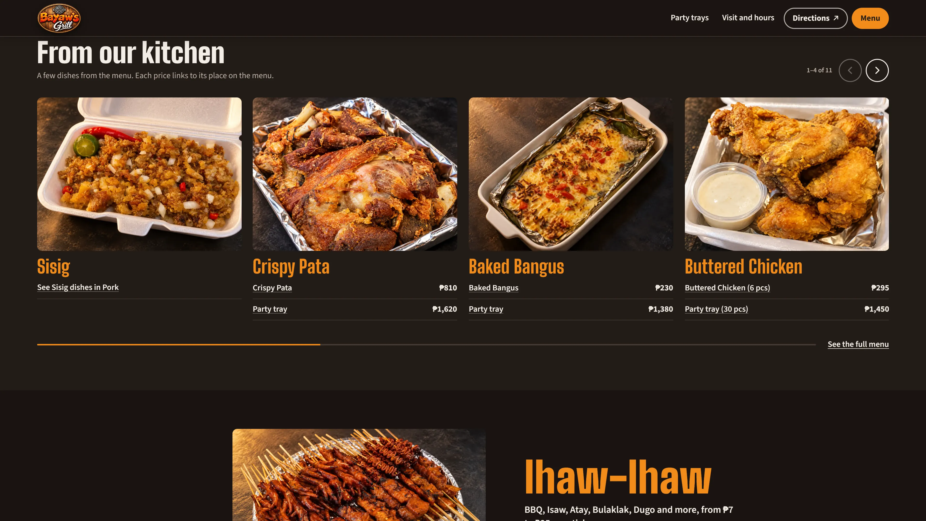 Bayaw's Grill dish cards with prices
