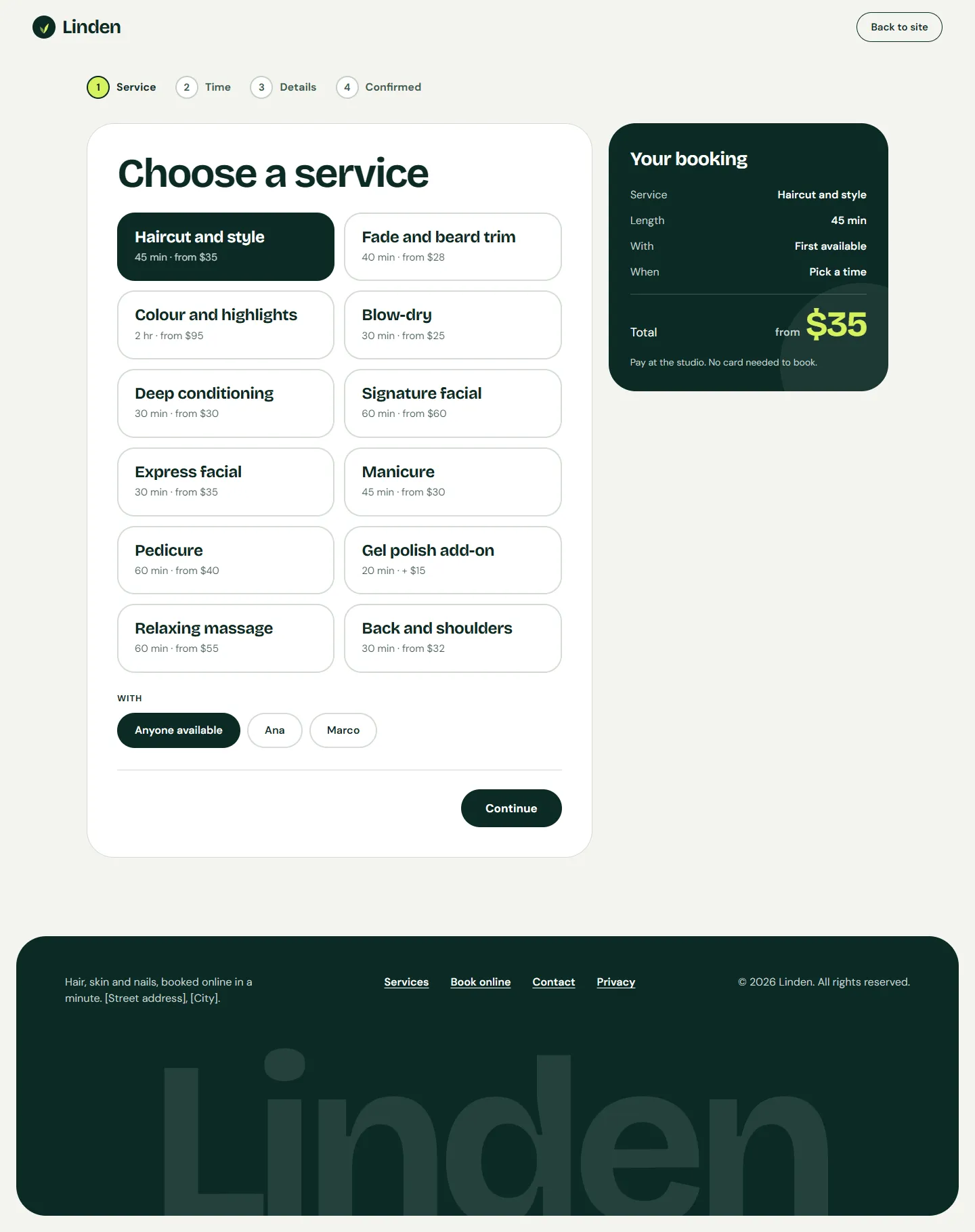 Tonic booking step 1, Choose a service: service cards with length and starting price, and a booking summary with the total