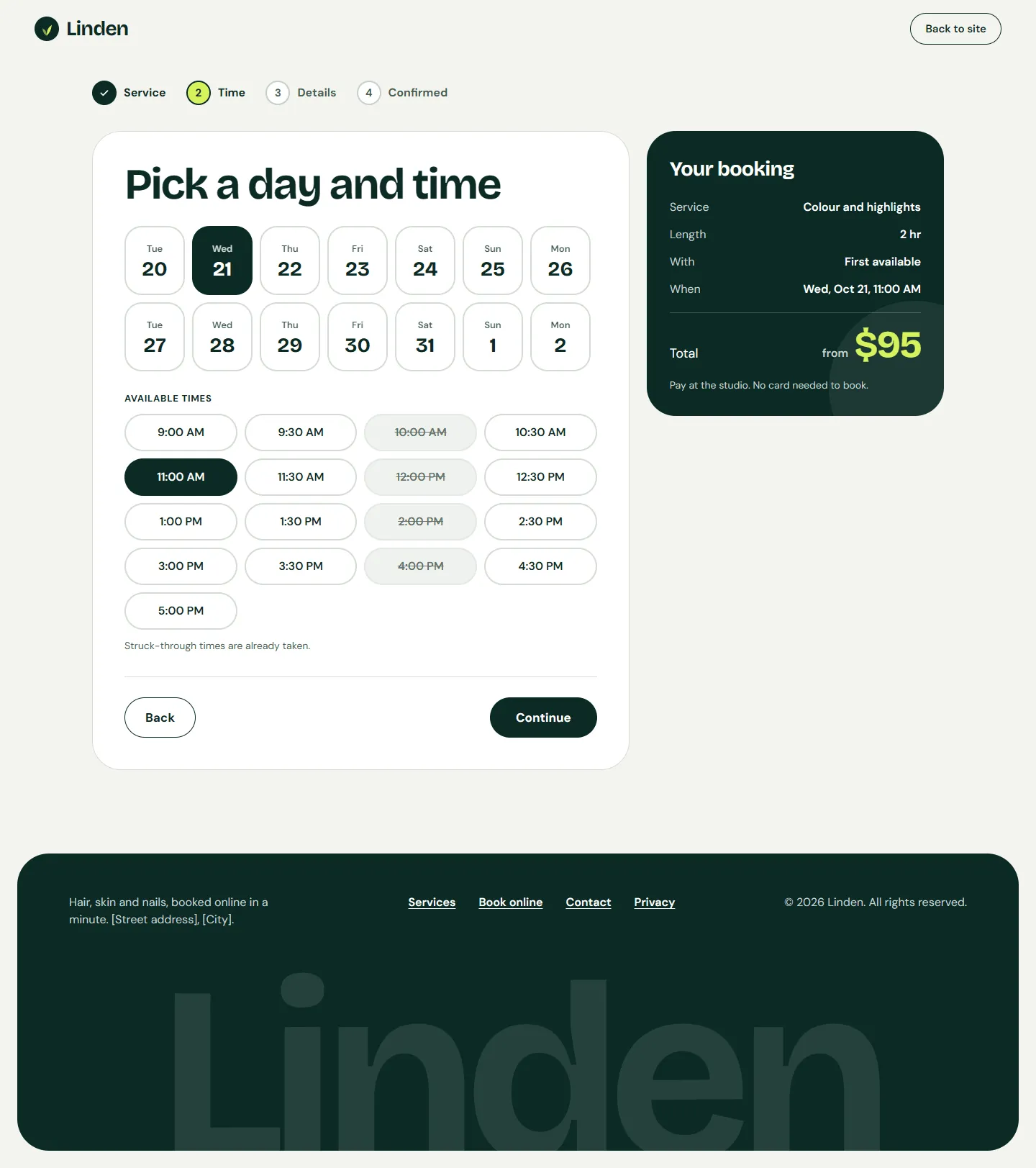 Tonic booking step 2, Pick a day and time: a row of dates, available times with taken times struck through, and the booking summary