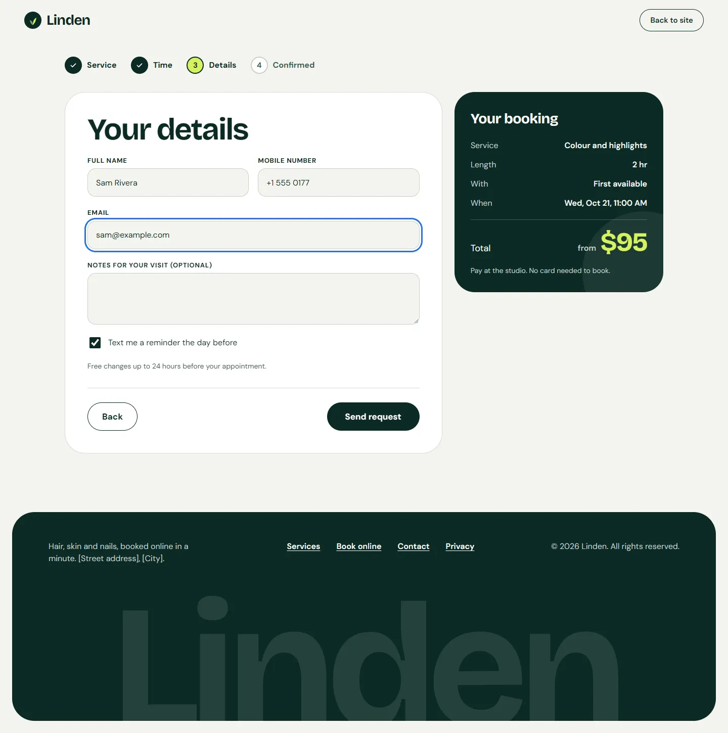 Tonic booking step 3, Your details: name, mobile number, email and notes, a text-reminder option and a Send request button