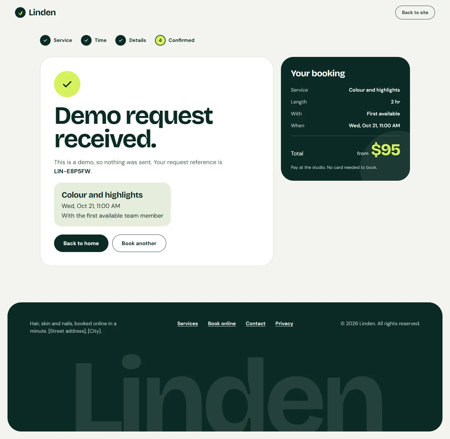 Tonic booking step 4 in demo mode: “Demo request received.” with a request reference, the chosen service and time, and the booking summary