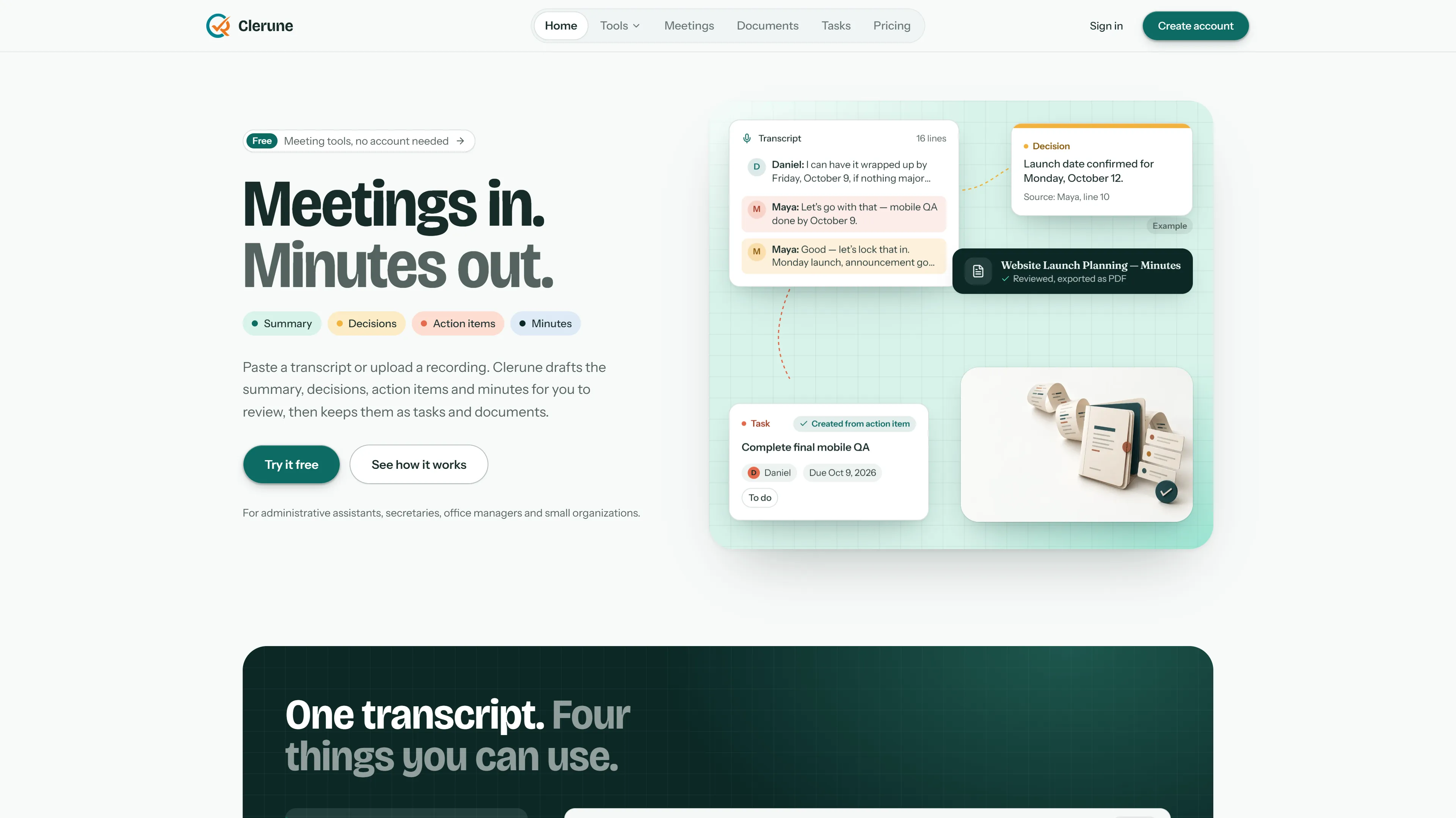Clerune home page: meetings in, minutes out