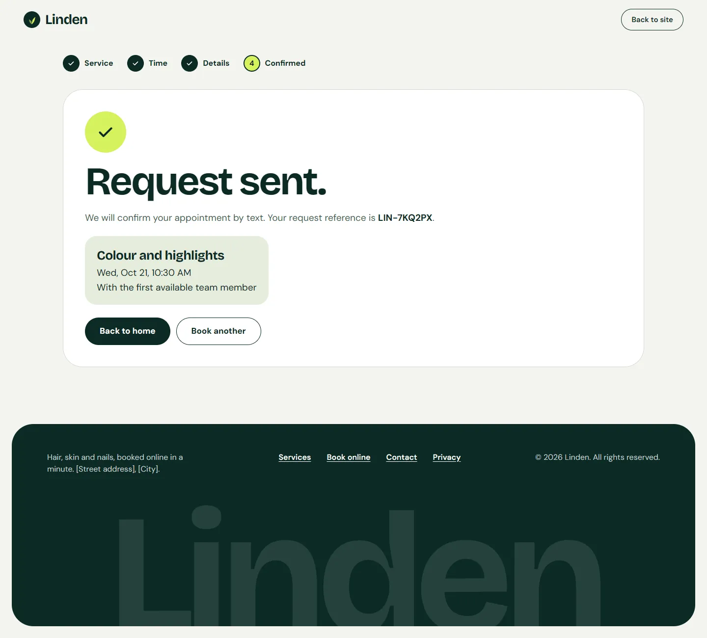 Tonic confirmation page: “Request sent.” with a request reference and the chosen service, time and team member