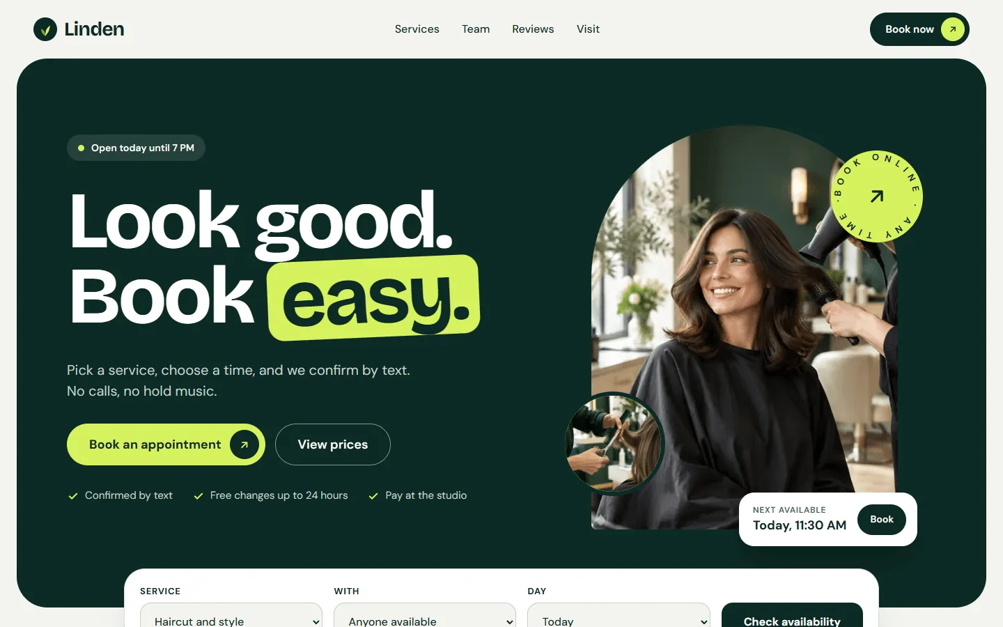 Tonic demo home page for a salon called Linden: the headline “Look good. Book easy.”, buttons to book an appointment or view prices, a photo of a client having her hair styled, and the next available slot