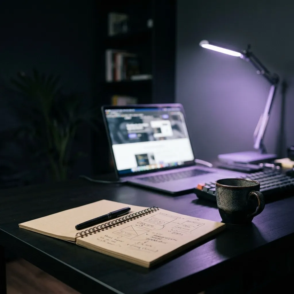 A desk at night with a laptop, a notebook of wireframe sketches, a mug and a violet desk lamp